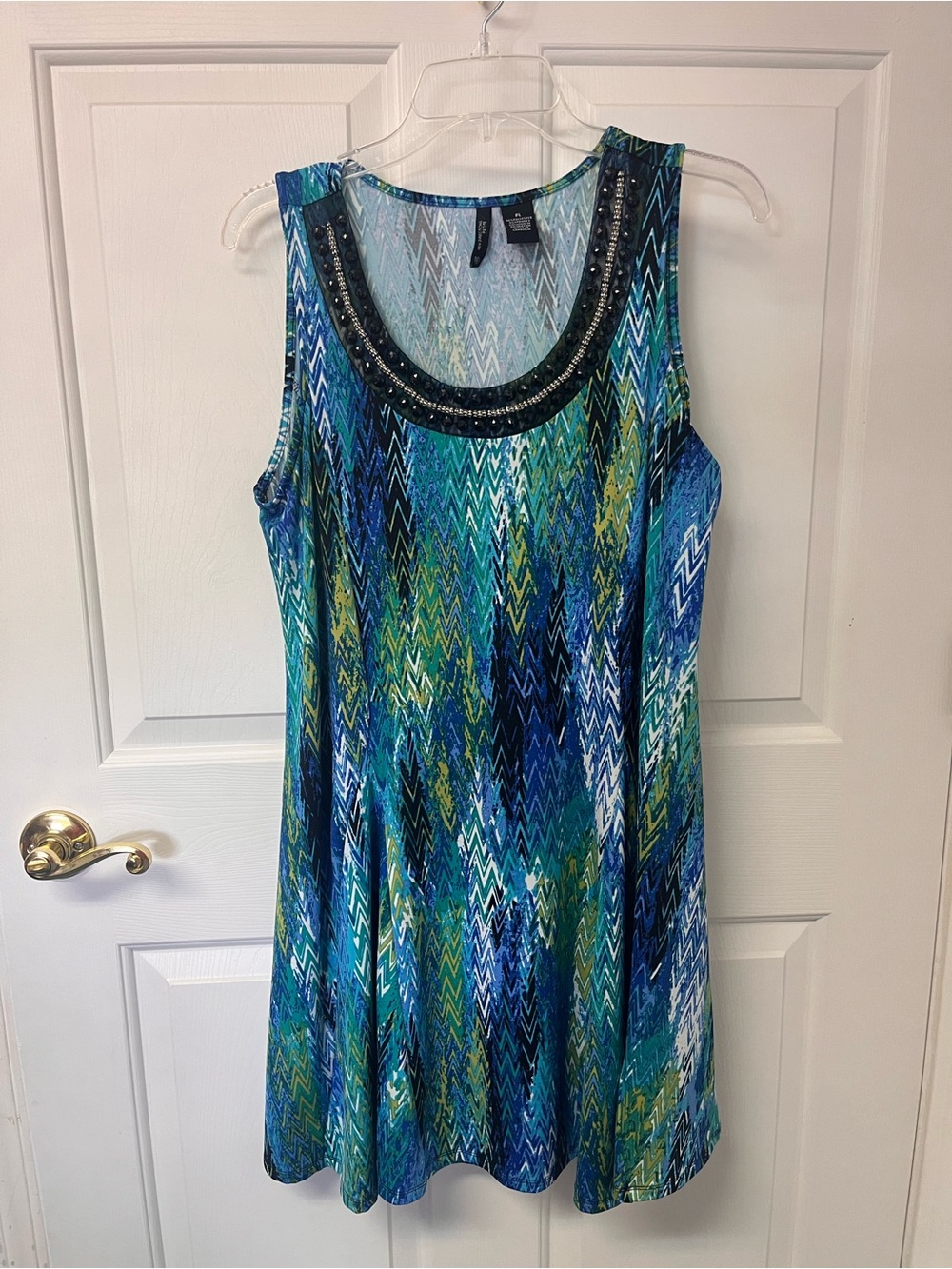 new directions Blue Green Zigzag Beaded-Neck Midi Dress